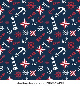 seamless pattern with anchors and lighthouse, print in nautical style on a dark background for printing on fabric and paper