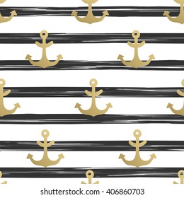 Seamless pattern with anchors. Nautical backgrounds with gold anchors on striped black white background. Marine theme. Vector illustration