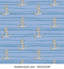 Seamless pattern with anchors on blue background