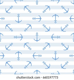 Seamless pattern with anchors on blue striped background. Vector illustration.