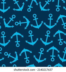 Seamless pattern with anchors on a dark blue background. Simple silhouettes of anchors in light blue. Vector illustration.