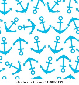Seamless pattern with anchors on a white background. Simple silhouettes of anchors in light blue. Vector illustration.