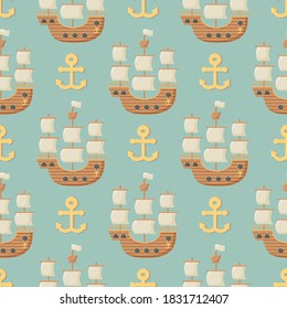 Seamless pattern with anchors and sailboat. Cute Marine pattern for fabric, baby clothes, background, textile, wrapping paper and other decoration.Vector illustration.