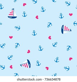 Seamless pattern with anchors and sailboat. Cute Marine pattern for fabric, baby clothes, background, textile, wrapping paper and other decoration.Vector illustration.