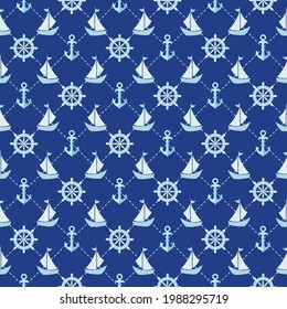 Seamless pattern with anchors, sailing ships and rudders connected by dotted lines. For textiles, wallpaper, decoration, banners. The concept of travel and sea cruises. Vacation at the sea.