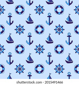 Seamless pattern with anchors, sailing ships and rudders connected by dotted lines. For textiles, wallpaper, decoration, banners. The concept of travel and sea cruises. Vacation at the sea.