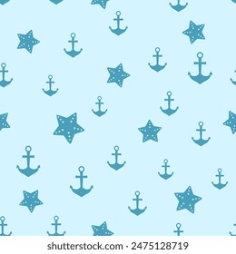 Seamless pattern with anchors and star fish on blue sea background vector. 
