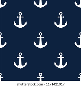 Seamless pattern with anchors. White anchors isolated on blue background. Vector