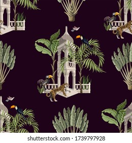 Seamless pattern  with ancient arbor and wild animals in the jungle. Vector.