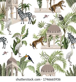 Seamless pattern  with ancient arbor and wild animals in the jungle. Vector.