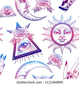 Seamless pattern with ancient astronomical illustration of the sun, the moon, the stars, the rose, the eye in the graphic style of the antique.