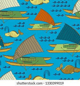 Seamless pattern of ancient boats and fish. Colorful boats with sails.