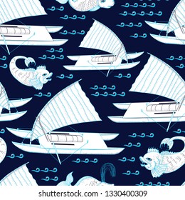 Seamless pattern of ancient boats and monster fish. White objects on a blue background.