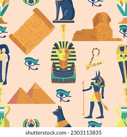 Seamless Pattern With Ancient Egypt Elements Features Pharaohs, Pyramids, Hieroglyphs, Scarabs, And Other Symbols
