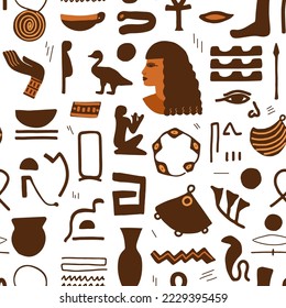 Seamless pattern with Ancient Egypt icons, ancient sculptures and hieroglyphs. Trendy abstract antique texture. Colored flat vector illustration.