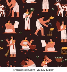 Seamless pattern with ancient egypt society characters. Egyptian culture, tradition, farming, agriculture, education and art. Ethnic people wearing authentic garment on dark background.