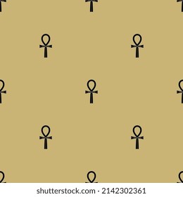 Seamless pattern with ancient Egyptian ankh cross symbols. Key of life. Black silhouettes on yellow background.