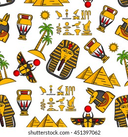 Seamless pattern of ancient egyptian hieroglyphics, pharaoh masks and god of death anubis, desert landscape with pyramids, palms and sun, scarab amulets and amphoras on white background