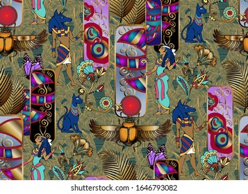 Seamless pattern with ancient egyptian motifs. Vector illustration. Suitable for fabric, wrapping paper and the like