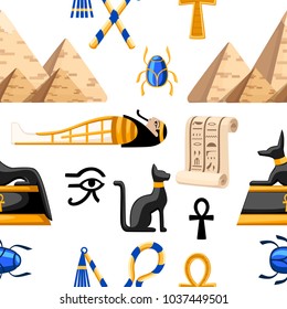 Seamless pattern of ancient Egyptian symbols and decoration. Egypt flat icons vector illustration on white background. Web site page and mobile app design