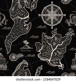 Seamless pattern with ancient map’s elements. Vector