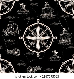 Seamless pattern with ancient map’s elements. Vector