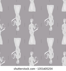 seamless pattern with ancient Greece statue of goddess Themis .vector architecture . tourism history and culture marble or stone structure .Mediterranean style