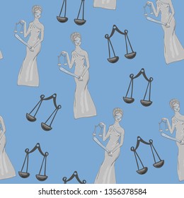 seamless pattern with ancient Greece statue of goddess Themis on blue background. Vector architecture. Tourism history and culture marble or stone structure. Mediterranean style.