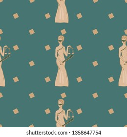 seamless pattern with ancient Greece statue of goddess Themis on green background .vector architecture . tourism history and culture marble or stone structure .Mediterranean style