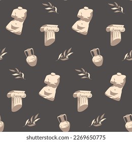Seamless pattern with ancient Greek, Antique broken statue, column, olive branch and ceramic amphora. Museum or Historical background in modern flat cartoon style vector graphic illustration.