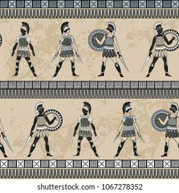 Seamless pattern with ancient greek fighting people and ornament. Traditional ethnic background. Vintage vector illustration 