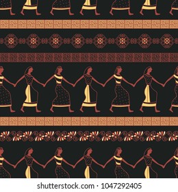 Seamless pattern with ancient greek ornament and dancing women. Traditional ethnic background. Vintage vector illustration