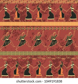 Seamless pattern with ancient greek ornament and dancing people. Traditional ethnic background. Vintage vector illustration