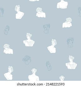 Seamless pattern with ancient Greek sculptures and characters. Greece antique marble statues illustration for fabric, textile, wallpaper, background, wrapping paper