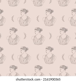 Seamless pattern with ancient greek sculptures. Linear head of Artemis. Goddess antique statue. Trendy vector illustration in one line drawing style.