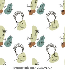 Seamless pattern with ancient greek sculptures. Linear head of David. God antique statue. Trendy vector illustration in one line drawing style.