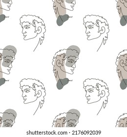Seamless pattern with ancient greek sculptures. Linear head of David. God antique statue. Trendy vector illustration in one line drawing style.