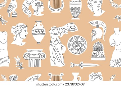 Nahtloses Muster mit antiken griechischen Skulpturen, architektonischen Details, Waffen und mehr. Antike, minimalistische weiße Elemente auf beigem Hintergrund. Leiter der Venus, David, Apollo, Theseus, Amphora, etc. 
