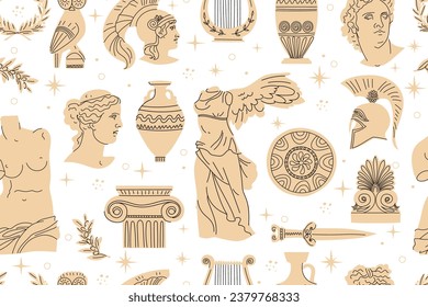 Seamless pattern with ancient Greek sculptures, architectural details, weapons and more. Ancient beige objects on white background. Head of Venus, Apollo, Theseus, amphora, etc. Hand drawn vector.