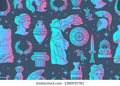 Patrón inmaculado con esculturas griegas antiguas, detalles arquitectónicos, armas, etc. Objetos antiguos con degradado de color sobre fondo oscuro. Jefe de Venus, Apolo, ánfora, casco. Vector dibujado a mano.