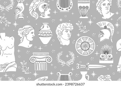 Seamless pattern with ancient Greek sculptures, architectural details, amphora, weapons, laurel wreath and more. Antique minimalistic white elements on a gray background. Vector illustration.