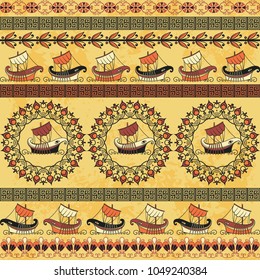 Seamless pattern with ancient greek ships and ornament. Traditional ethnic background. Vintage vector illustration