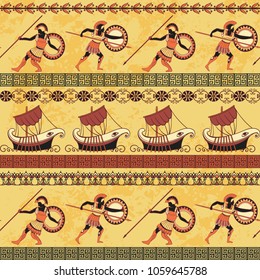 Seamless pattern with ancient greek ships, fighting people and ornament. Traditional ethnic background. Vintage vector illustration 