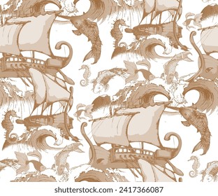 Seamless pattern. Ancient Greek ships and waves. In style Toile de Jou. Suitable for fabric, mural, wallpapers, wrapping paper and the like