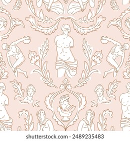 Seamless pattern with ancient greek statue, bust on pink background. Greece culture antique vector repeat pattern design. Historical flat cartoon wallpaper