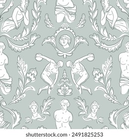 Seamless pattern with ancient greek statue, bust on light mint background. Greece culture antique vector repeat pattern design. Historical flat cartoon wallpaper