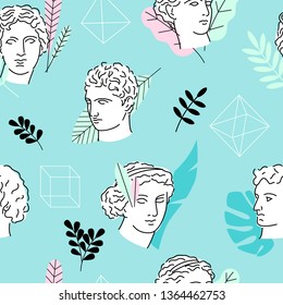 Seamless pattern with ancient greek statues in bright graphic style