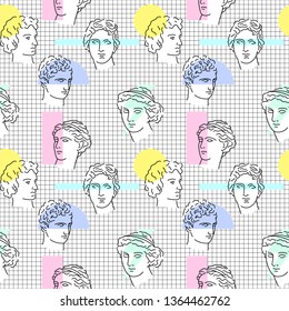 Seamless pattern with ancient greek statues in bright graphic style