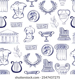 Seamless pattern ancient Greek symbols and artifacts columns, amphorae, busts, laurel wreaths, lyre outline. Flat vector illustration isolated on background. Greek culture and history architecture