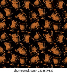 Seamless pattern with ancient greek vases. Vector illustration in vintage engraved style. Forms of craters: column krater, volute krater, calyx krater and bell krater. Typology of Greek wine vessel sh